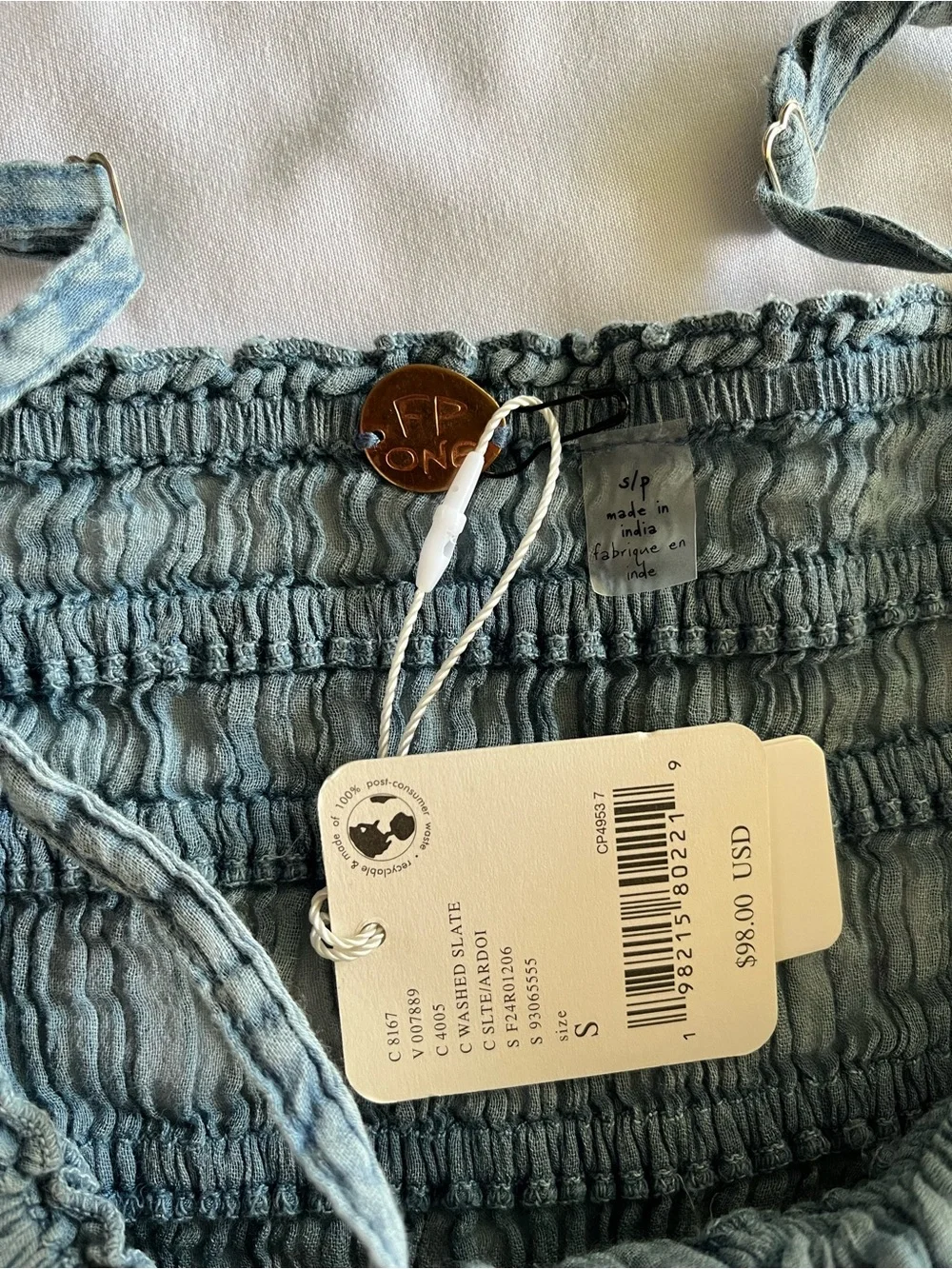 Free People Small NWT Washed Slate Smocked Romper